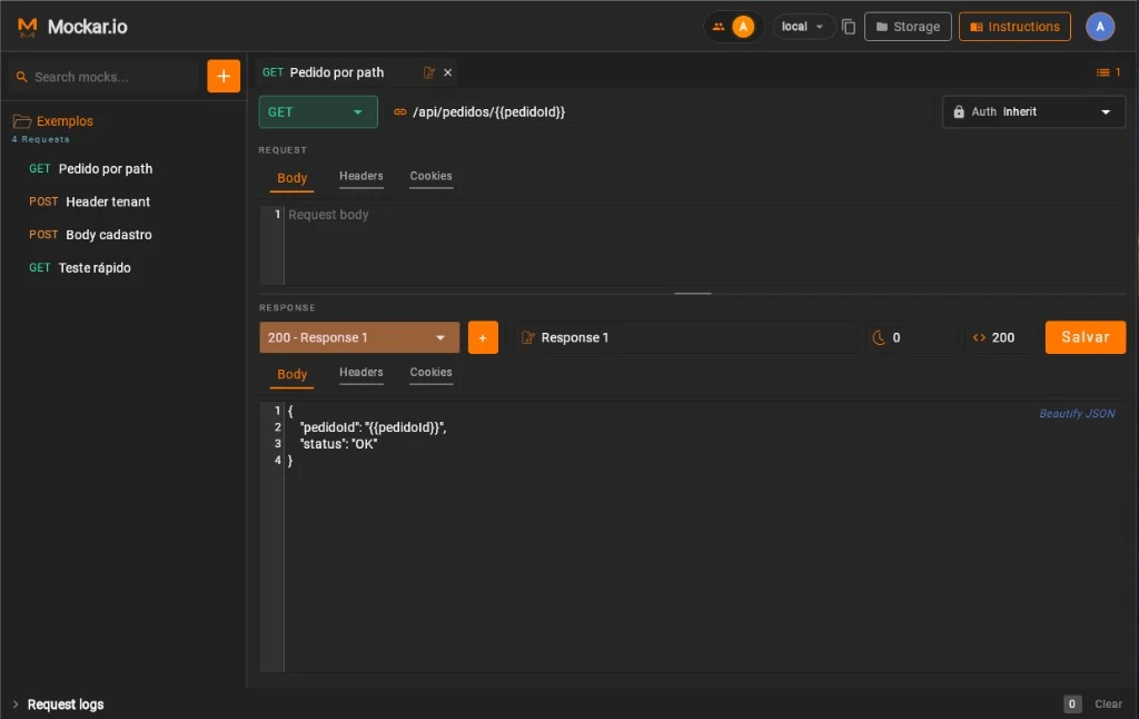 Editor Mockar.io com pasta Exemplos e mock GET aberto